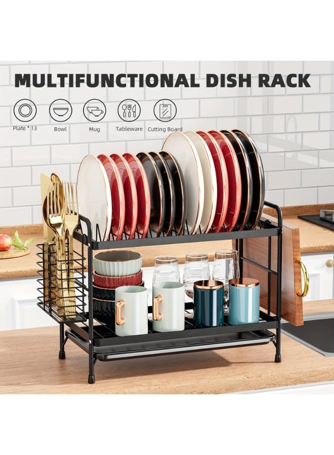 2-Tier Black Dish Drying Rack, Large Capacity Rust-Proof Kitchen Organizer with Cutting Board Holder & Drainboard Set - Image 1